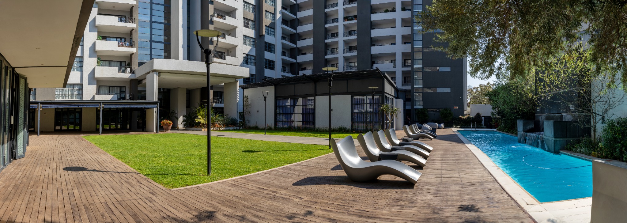 Landscaped poolside lawn