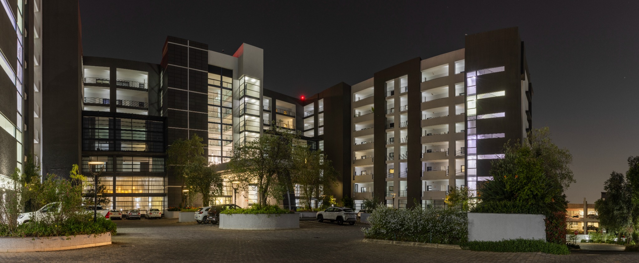 Illuminated apartment exterior