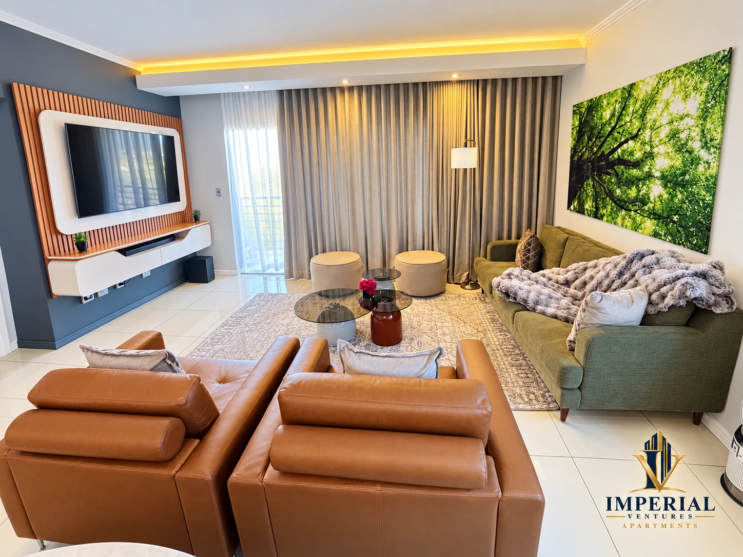 Apartment lounge with smart TV and comfortable seating