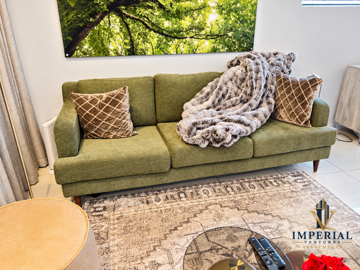 Green sofa and textured lounge furnishings
