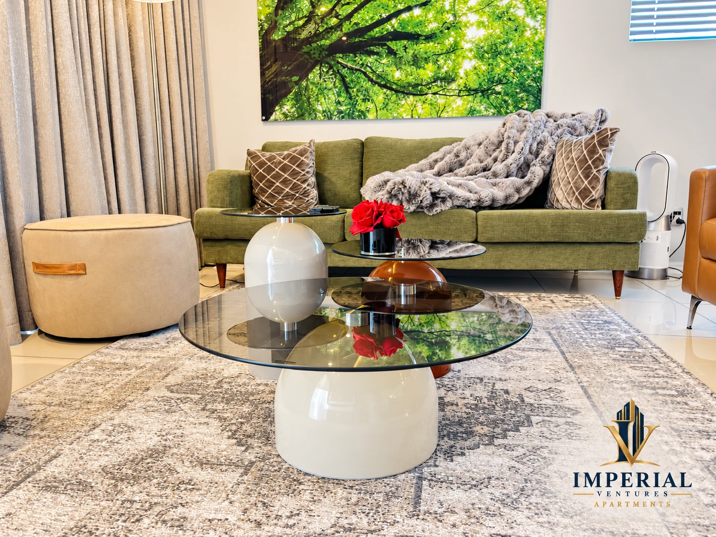 Lounge seating and decorative glass coffee tables